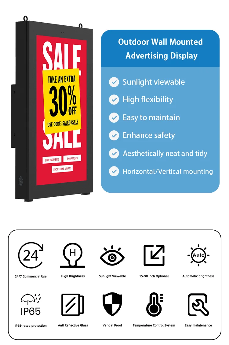 Outdoor Waterproof 32 43 55 65 75 86 Inch Advertising Display Android Media Player Wall Mounted Digital Signage factory