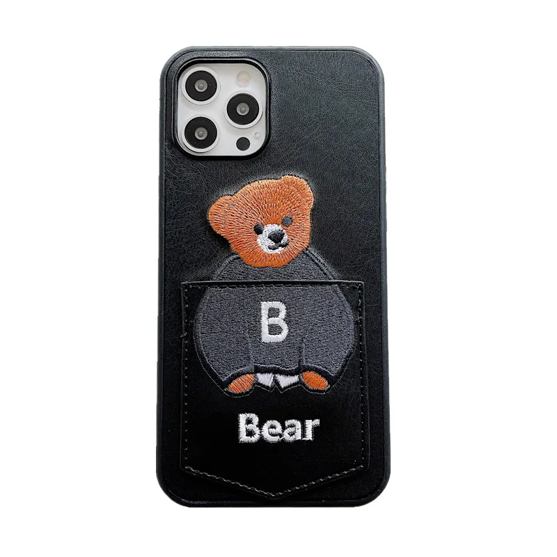 Cute Shell Cover Phone Card Pocket Bear Cartoon Leather Phone Cases for Apple iPhone 15 14 13 12 11 pro max Case