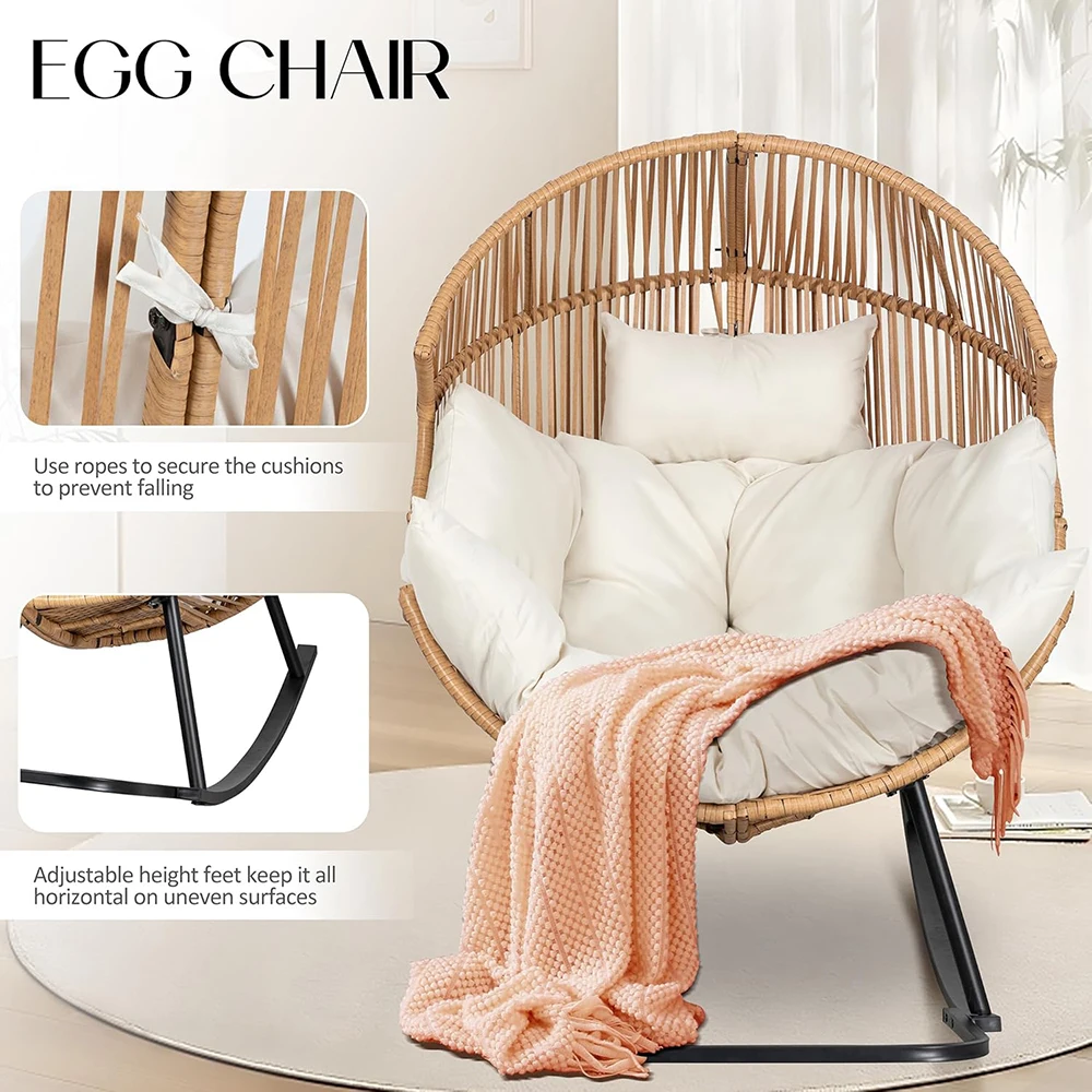 product nu deco modern egg chair outdoor rocking wicker patio oversized lounger cushion living room bedroom backyard balcony beige-4