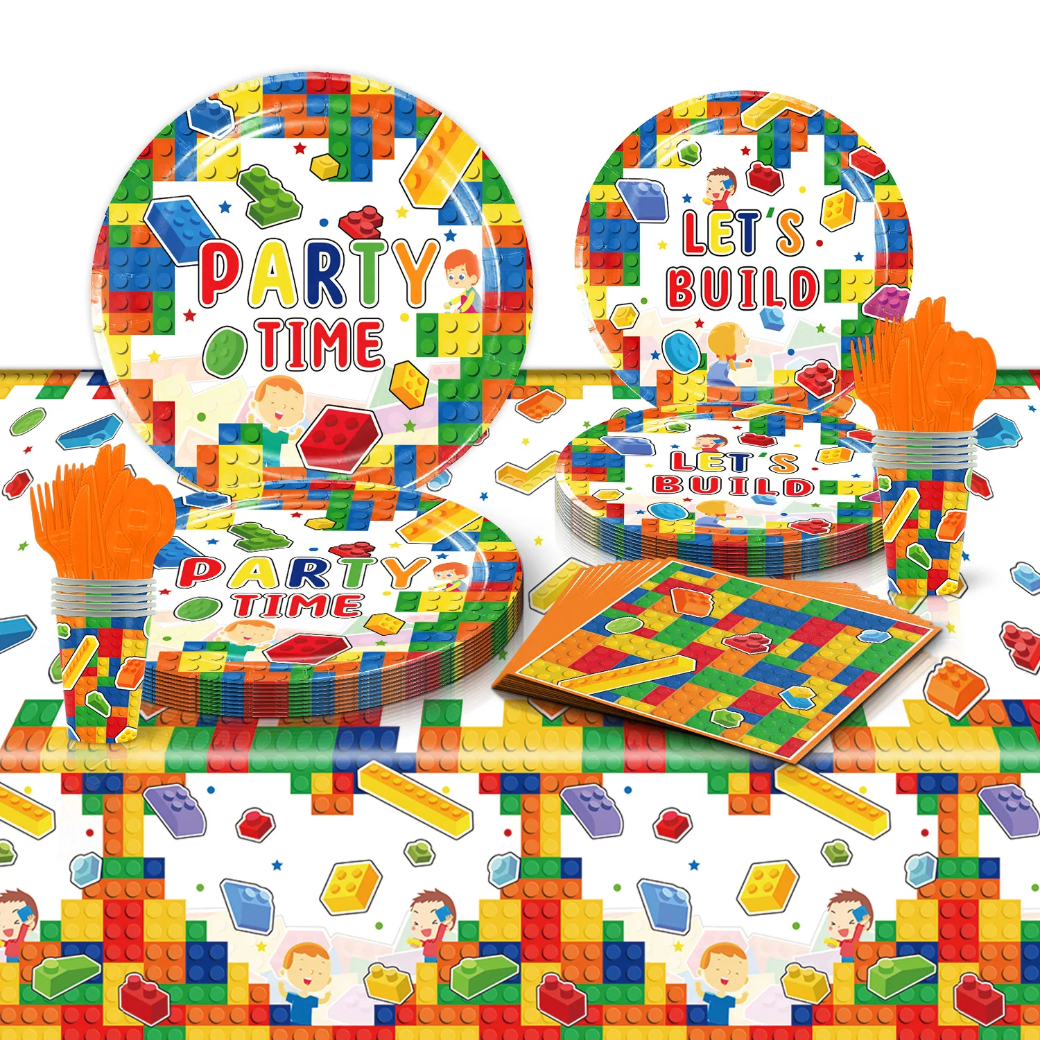 Building Blocks Theme Children's Birthday Decoration Plate Cup Tablecloth Disposable Tableware Set