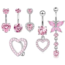 6Pcs/Set Pink Y2K Sexy Lady Belly Ring Dangle Cute Butterfly Heart-Shaped Inlaid Stainless Steel Piercing Navel Ring Jewelry