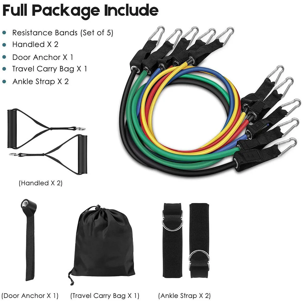 Wholesale Custom Latex 11Pcs  Resistance Exercise Band Elastic Fitness Rope Set 150lb Heavy Power Stretch Expander Tube details