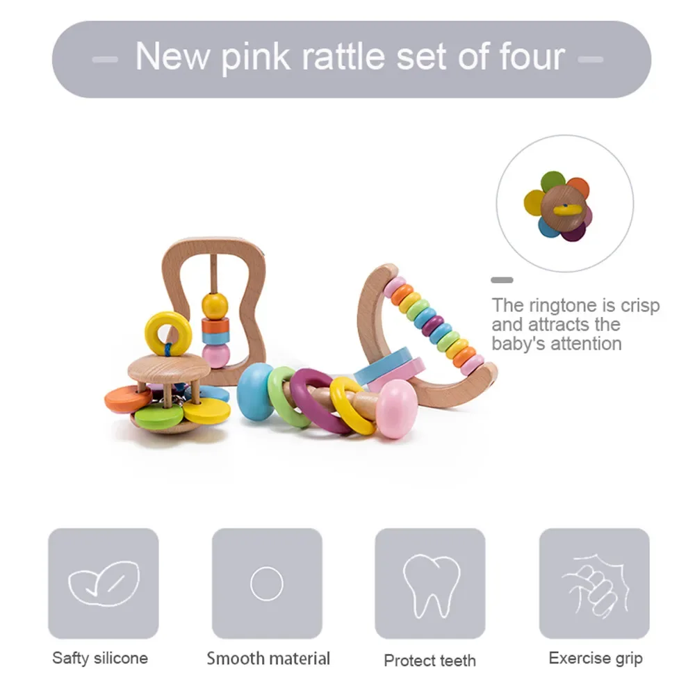4-teiliges Bio-Babyrassel-Set aus buntem Holz, lebensmittelecht, Rassel, Schnullerarmband, Beißring-Set, Montessori-Spielzeug für Kleinkinder