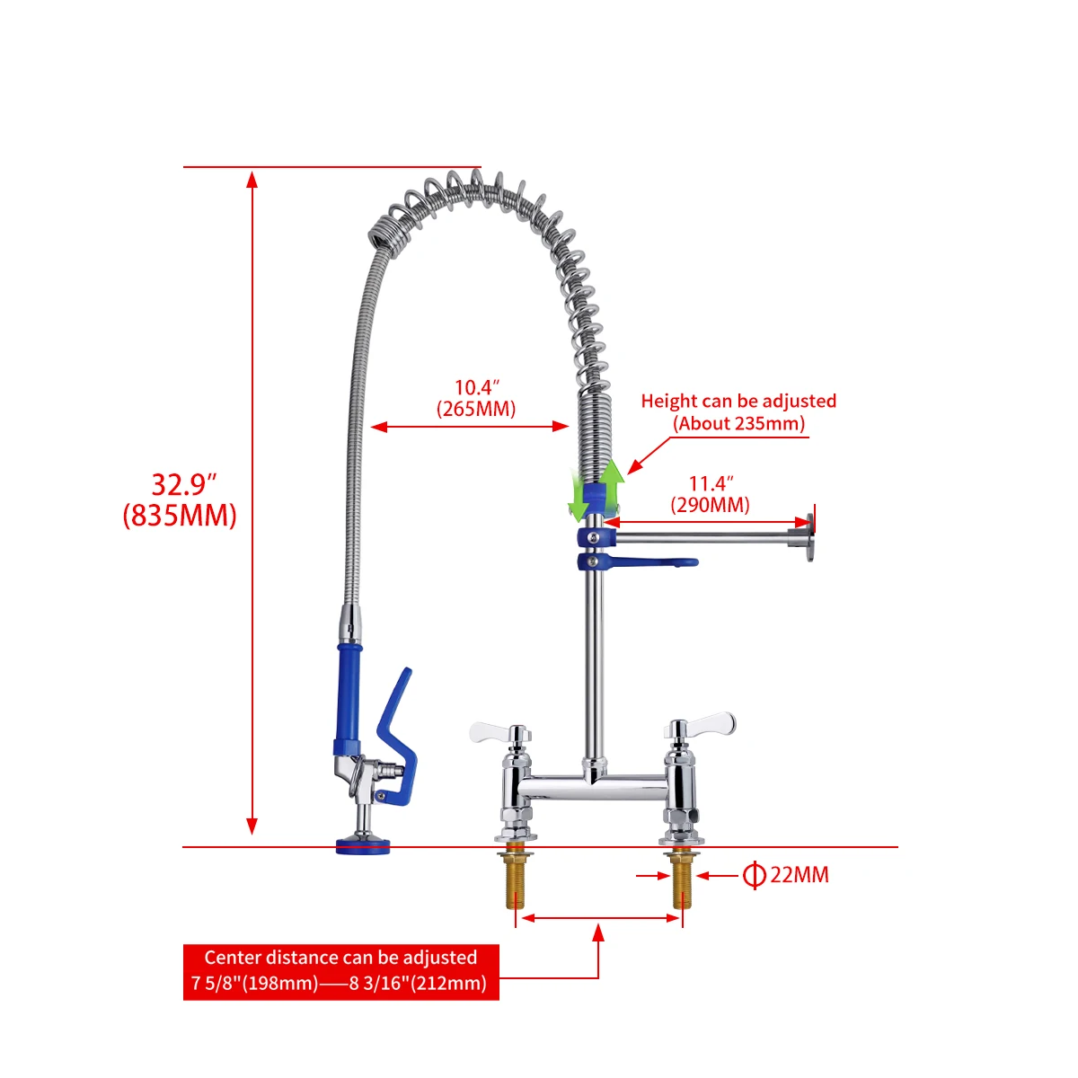 Dual Handle Commercial Industrial Kitchen Faucet Sprayer Short Type Pre-Rinse Hot Cold Water Stainless Steel Wall Mount 2 Holes factory