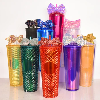 Wholesale Double Wall Gold Matte Plastic Mosaic Inlaid Tumbler Grid Collection Cup With Lid Straw Protected By Patent
