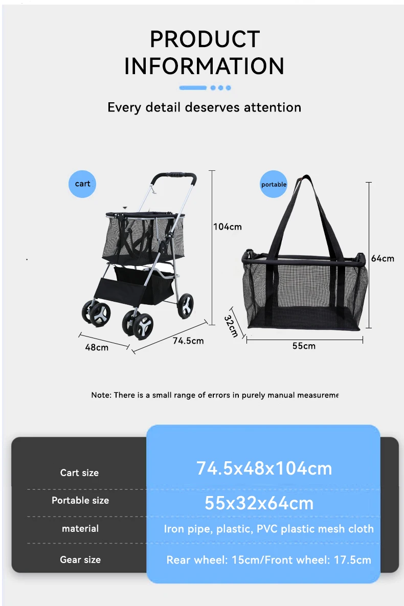 Wholesale Multi-functional Pet Stroller Double-layer Large Space Cat and Dog Cart Quick Pickup Convenient Folding Pet Supplies details