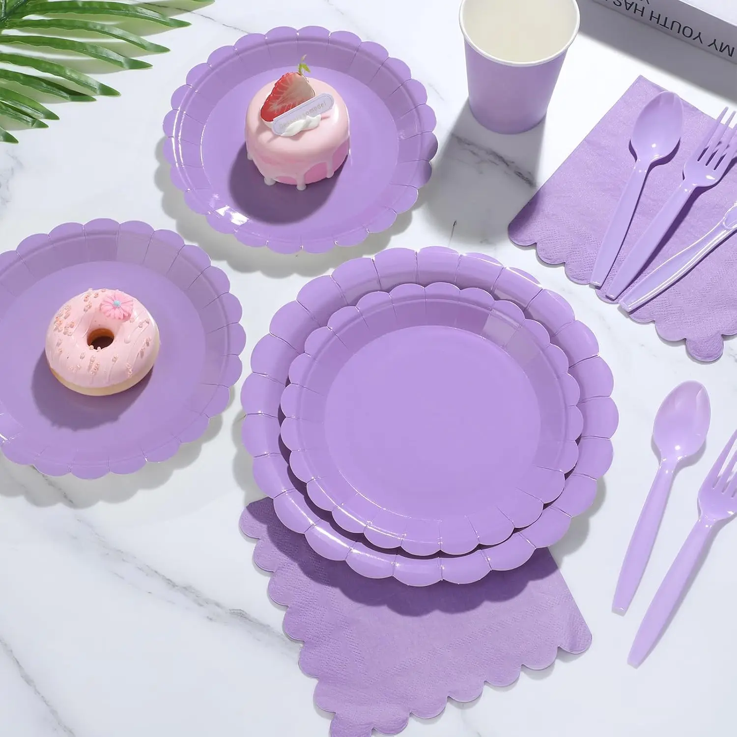 Solid color Party Tableware Set Purple Lace Edge Birthday Party Decorations Pure color Disposable Paper Plates And Cups