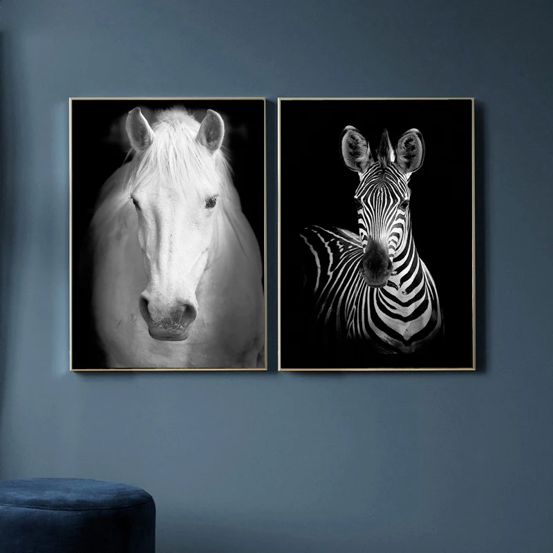 Animal Giraffe Zebra Lion Elephant Horse Prints & Poster Black White Canvas Art 