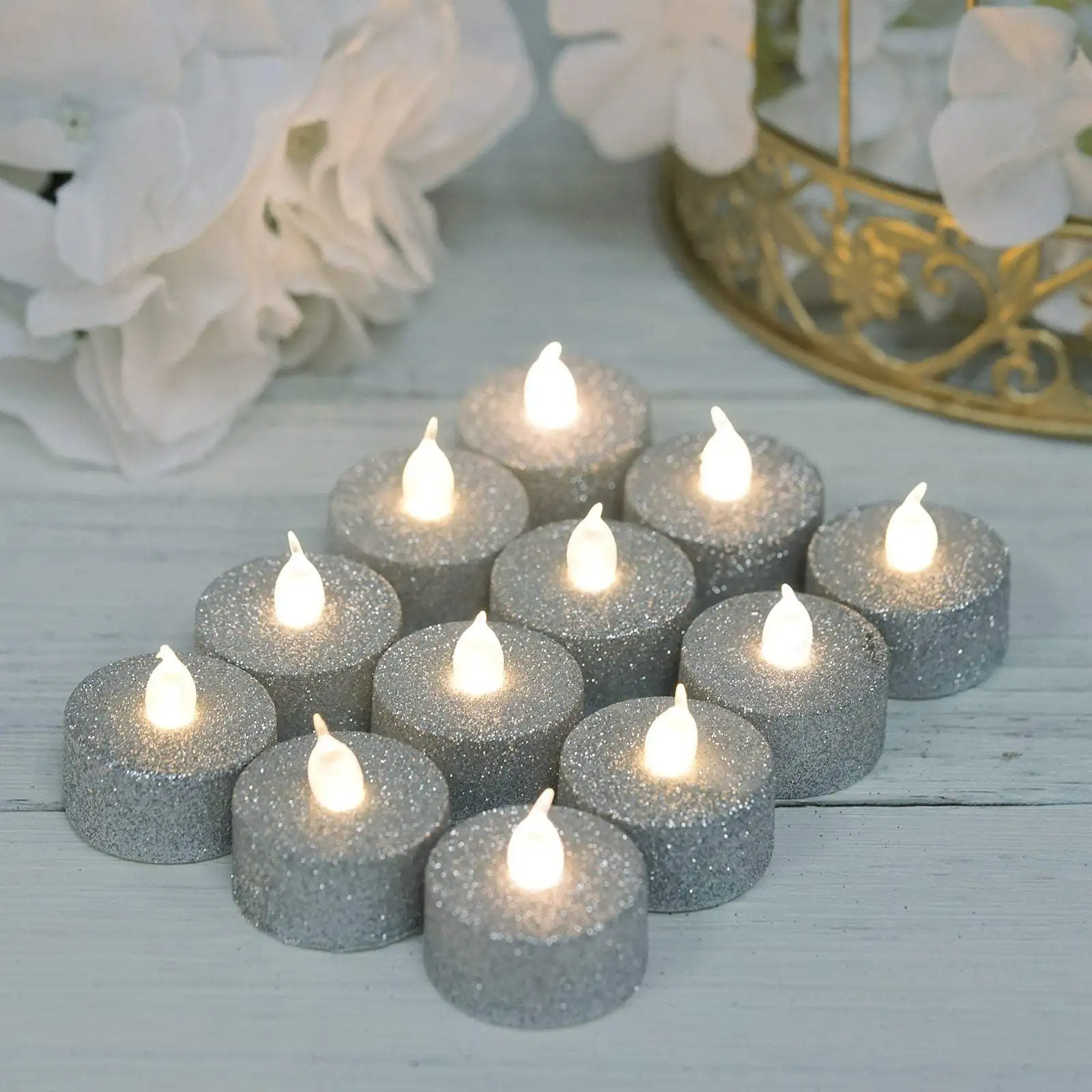 silver glitter led tea lights