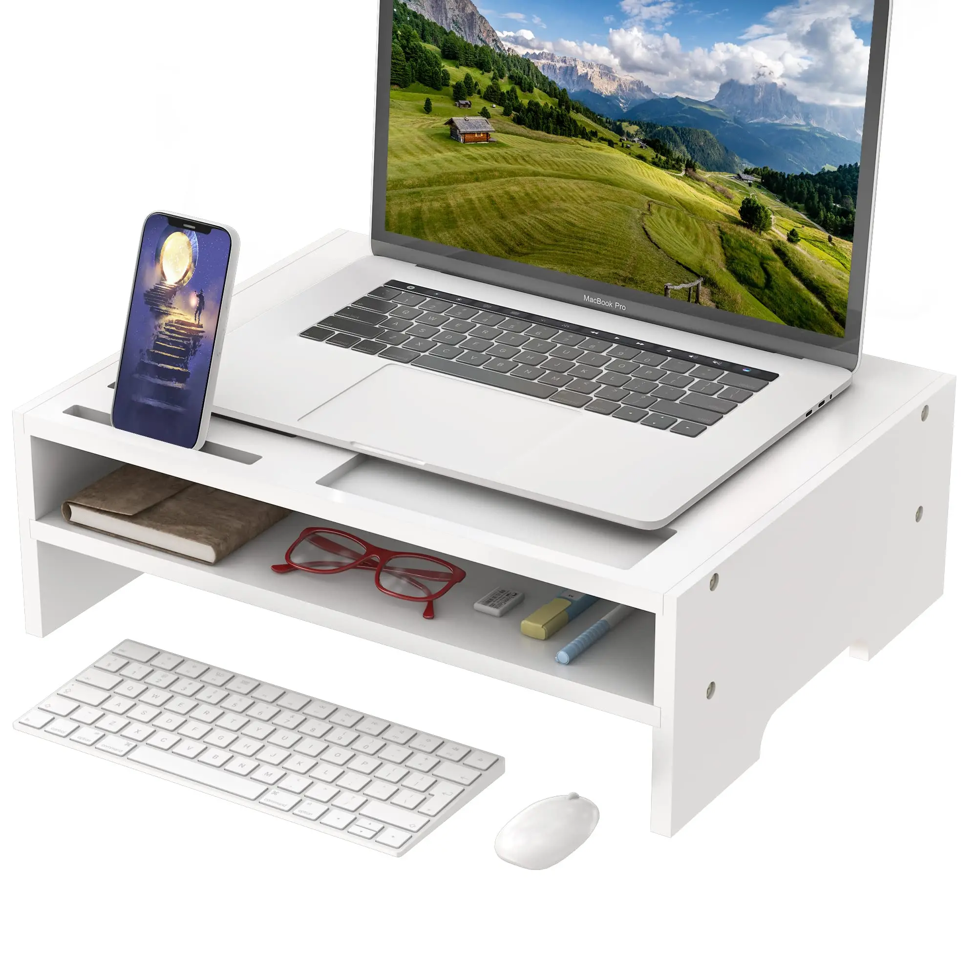 Bamboo Monitor Stand Riser With Storage Organizer Desktop With Cooling