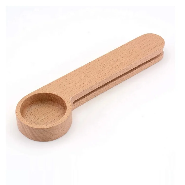 Custom Logo 100% natural Beech Handmade Long Handle Serving Coffee Scoop 2 In I  Wood Bean Measuring Wooden Spoons