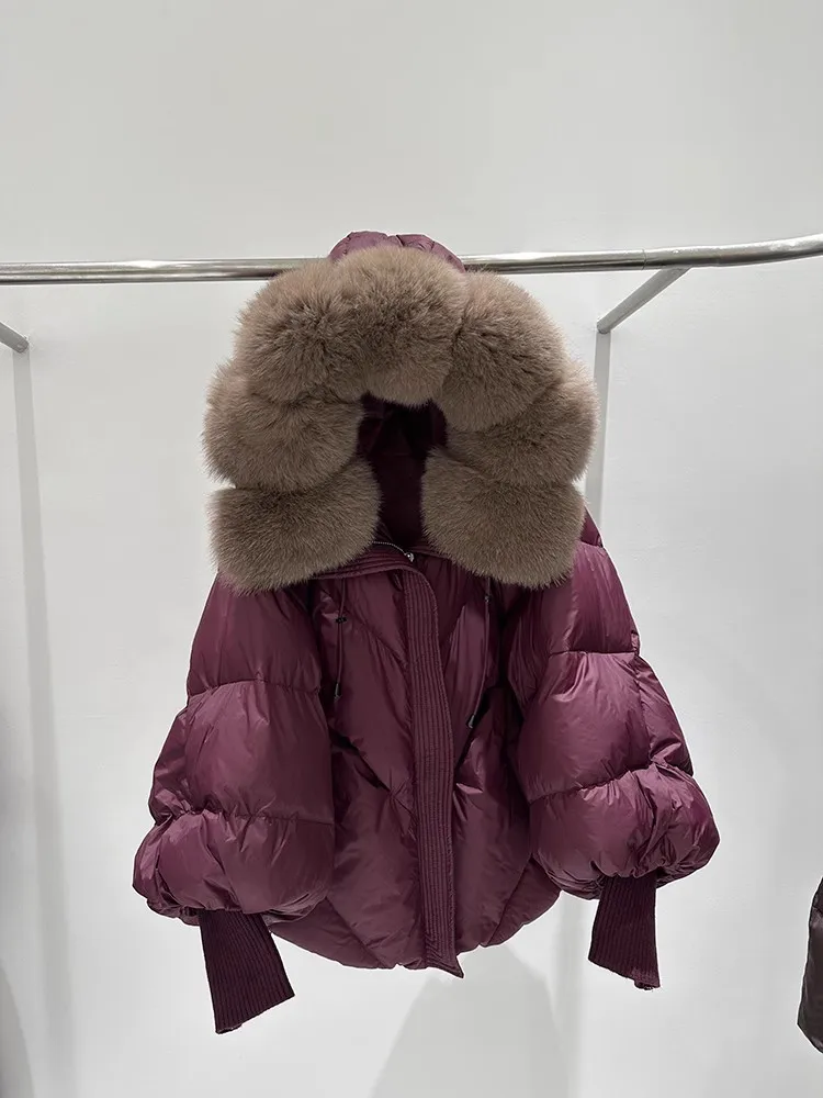 European Style Winter New White Duck Filled Large Fur Trim Hooded Jacket Women's Mid-length Thickened Warm Knitted Coat factory