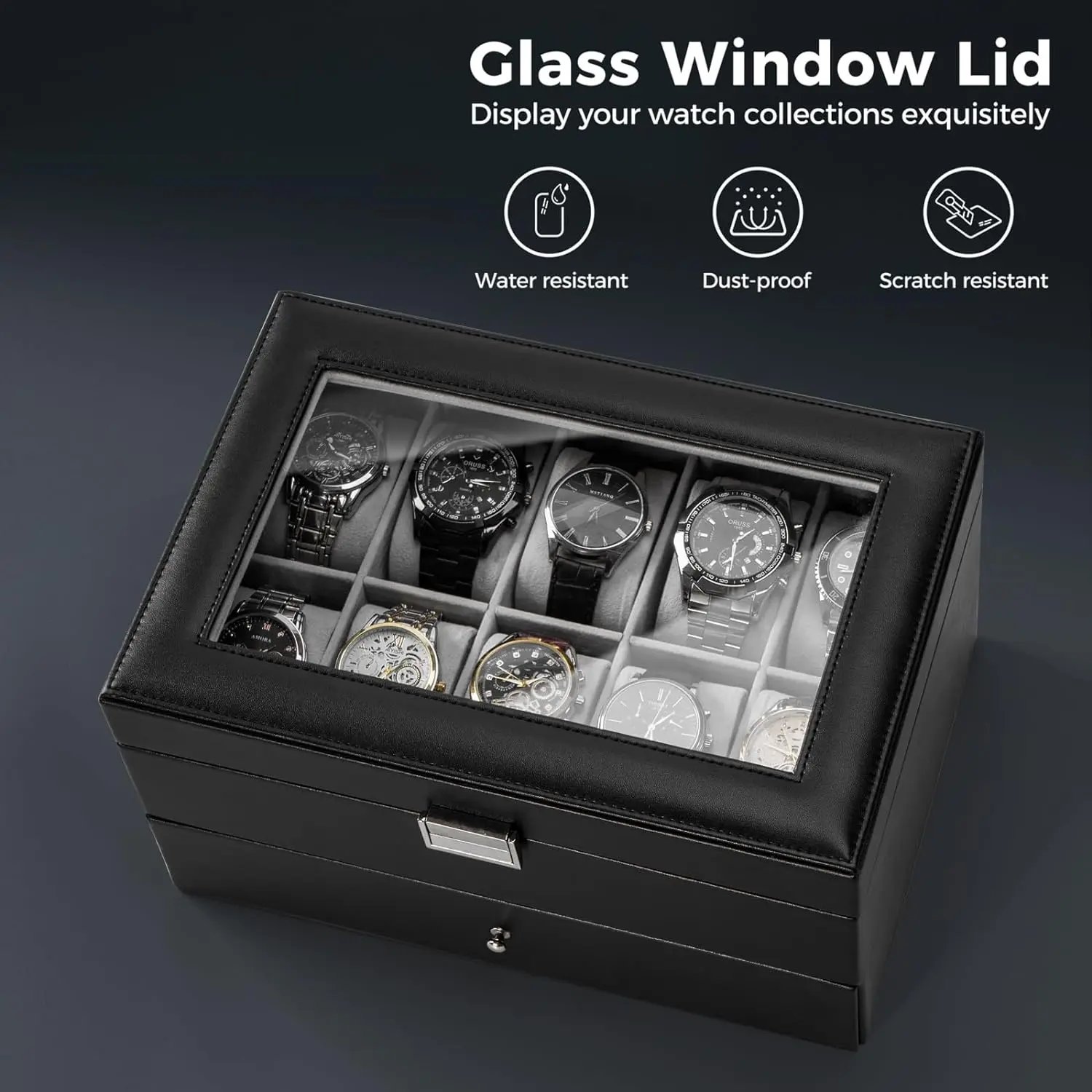 Custom 20 slot watch display case mens watch box organizer wrist watch display organizer storage box with glass lid