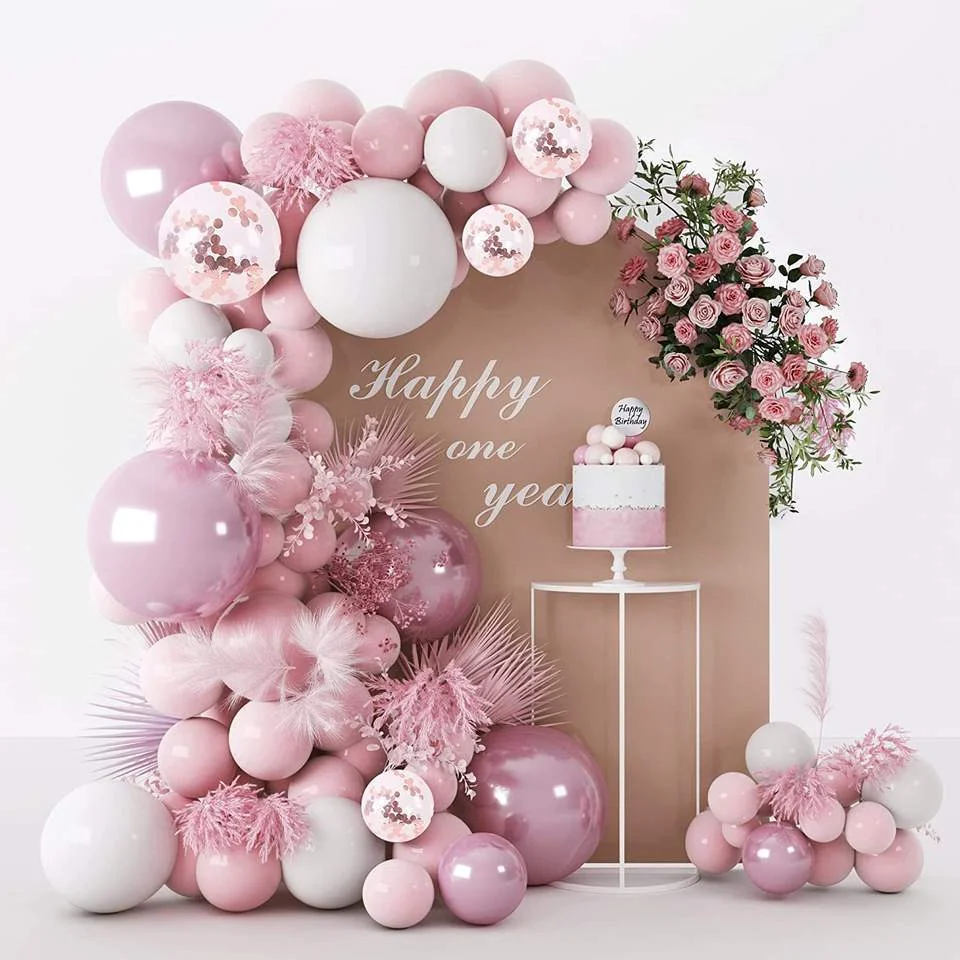 Pink White Balloons Garland Arch Kit 104 Pcs Metallic Pink Latex Balloons for Baby Girl Birthday Wedding Party Decoratiions