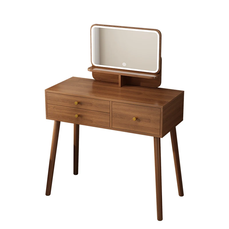 Wooden Small Makeup Vanity Desk with Mirror and Lights with Cushioned Stool for Bedroom Dressing Room Girls Women.