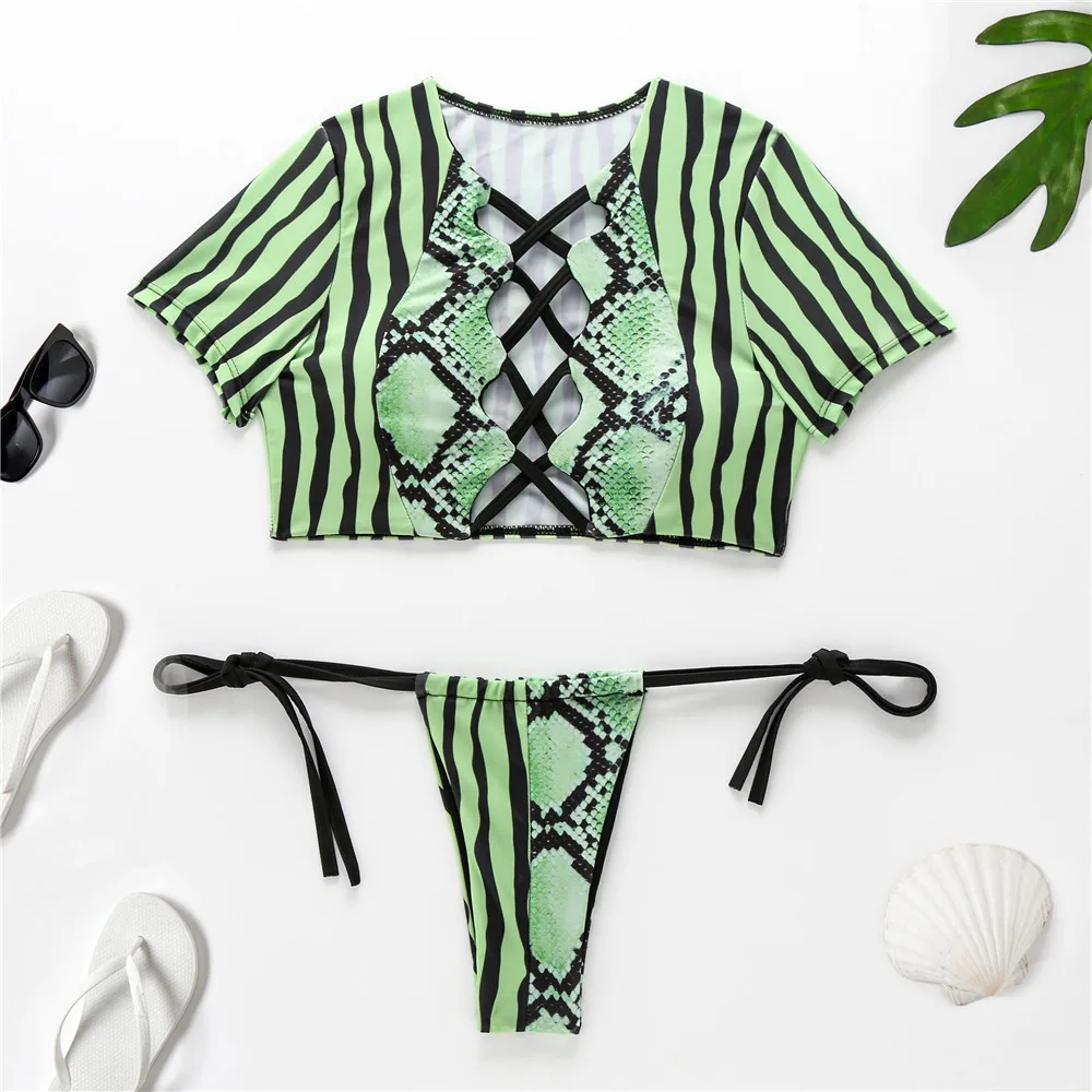 Sexy Green Print Bandage Bikini Pc Set Swimsuit Women Thong Bathing