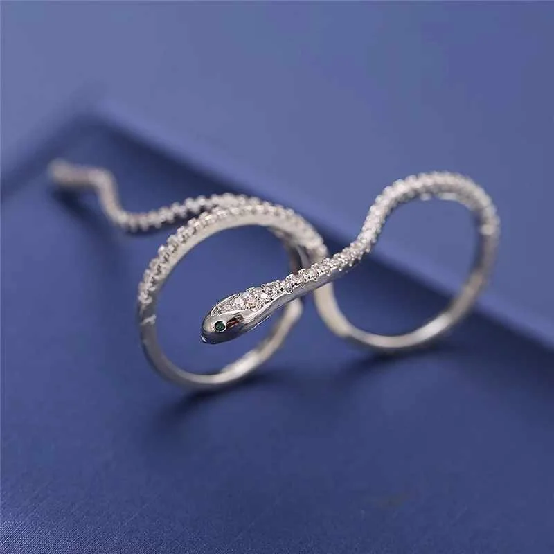 Punk Snake Shape Rings Silver Color Adjustable Crystal Cubic Zirconia Rings Party Bijoux Personality Jewelry for Women