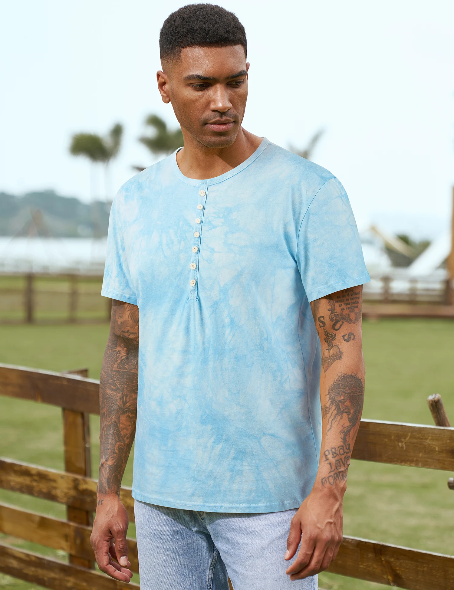 100% cotton Tie Dye Men's Short Sleeve Henley Collar T Shirts Casual Soft Buttons T-Shirts