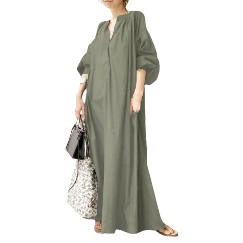 abaya women muslim dress Lantern Sleeve Loose Solid Casual linen maxi dress