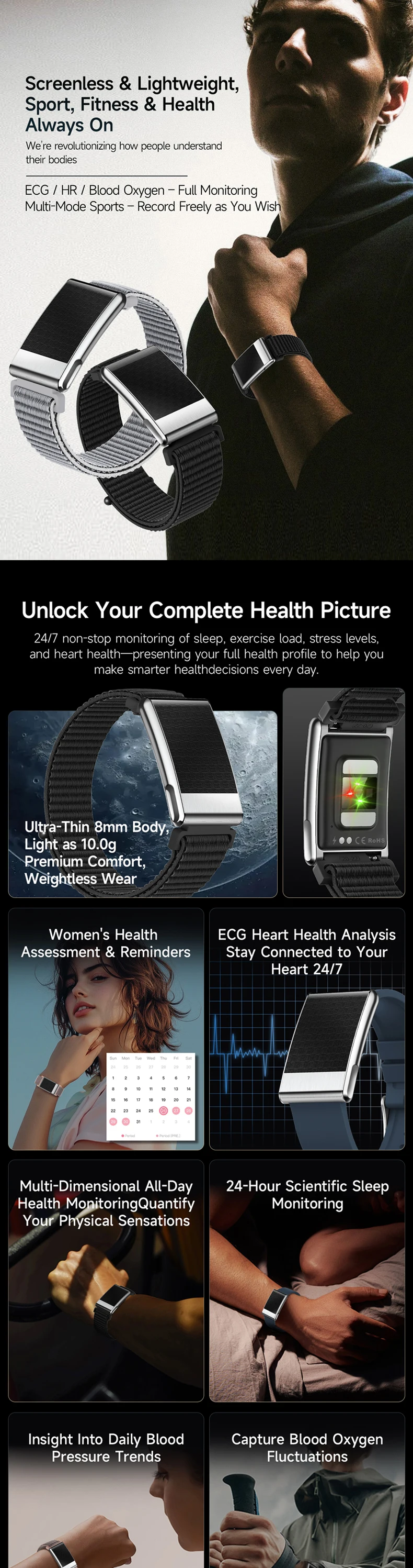 product 2026 new ecg smart bracelet e900 no screen ecg ppg hrv bmi heart rate oxygen body temperature app gband fitness tracker watch-5