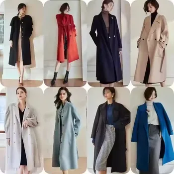 New winter Women Trench Coats Slim Fit Belt Turn Down Collar Woolen Overcoat Solid Color Long Sleeve Women's Coat