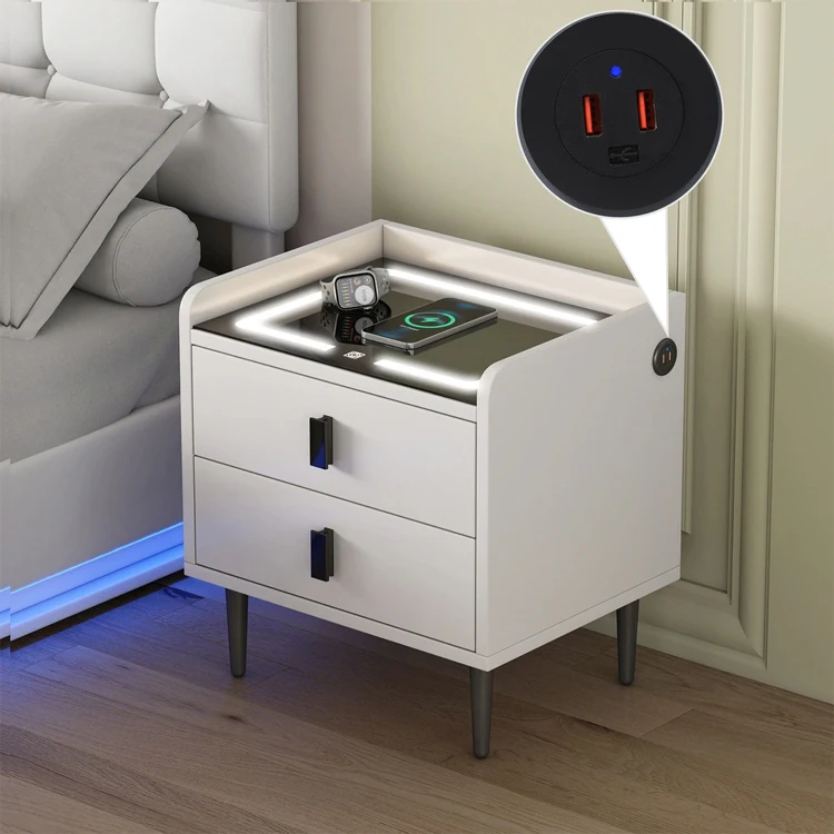 Fashionable Smart Fingerprint Lock Bedside Table Bluetooth speaker White Night Stand with Wireless Charging