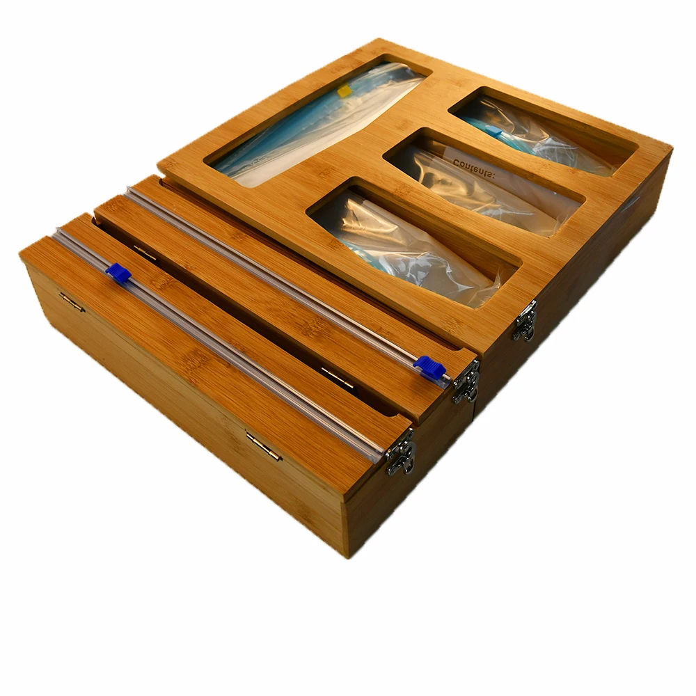 Premium Bamboo Ziplock Bag Storage Organizer gold supplier With Foil And Wrap Dispenser For Kitchen Drawer