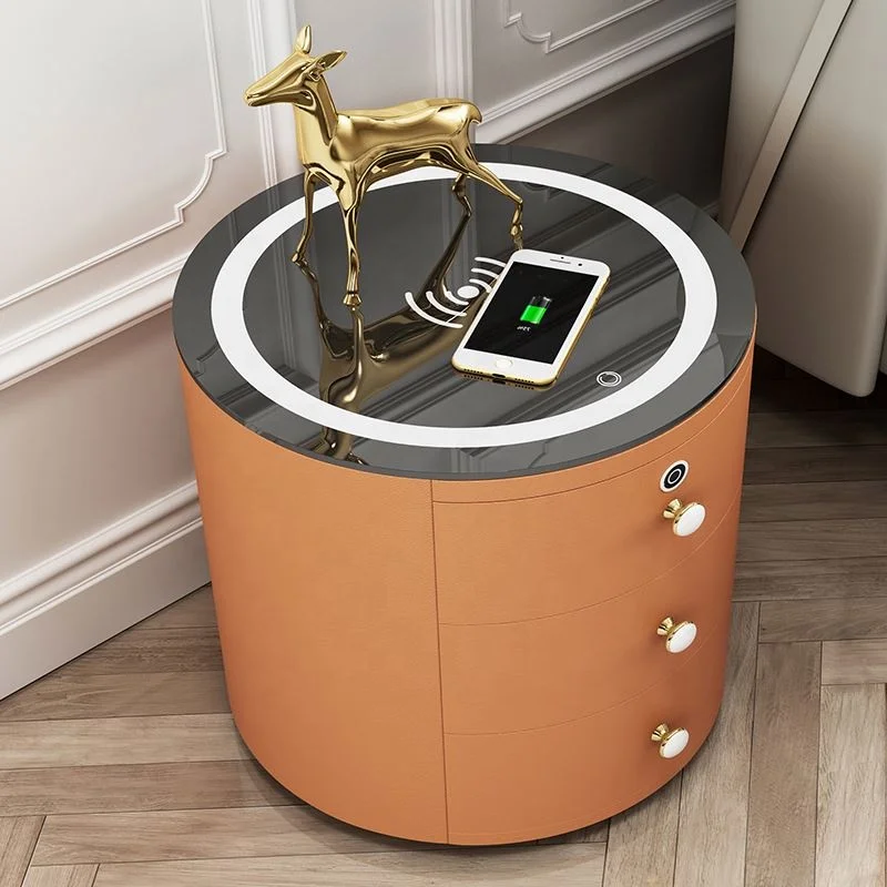 Luxury Smart Nightstand Phone Watch Wireless Charger Side Table Round Wooden Bedside Table With Led Light