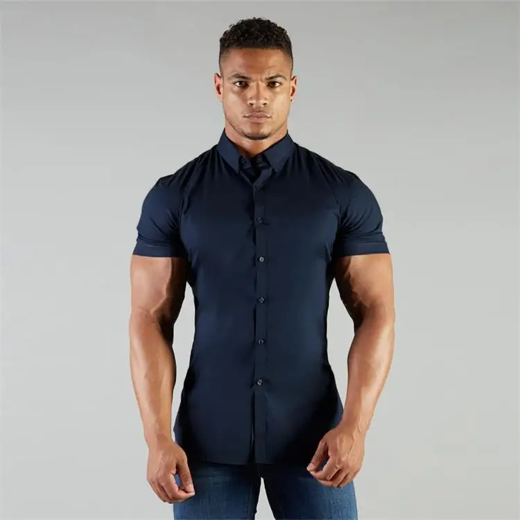 Muscular Men Stretch Shirt Stand Collar Short Sleeve Breathable Sports Cardigan Fitness Clothes