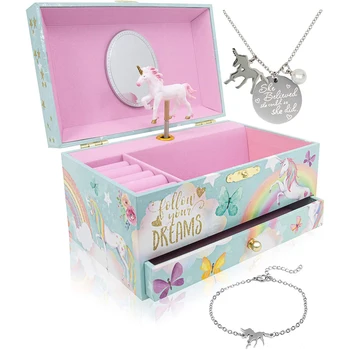 Custom Wooden Unicorn Musical Jewelry Storage Box Birthday Christmas New Year Gifts for Children Ballerina Music Jewellery Box