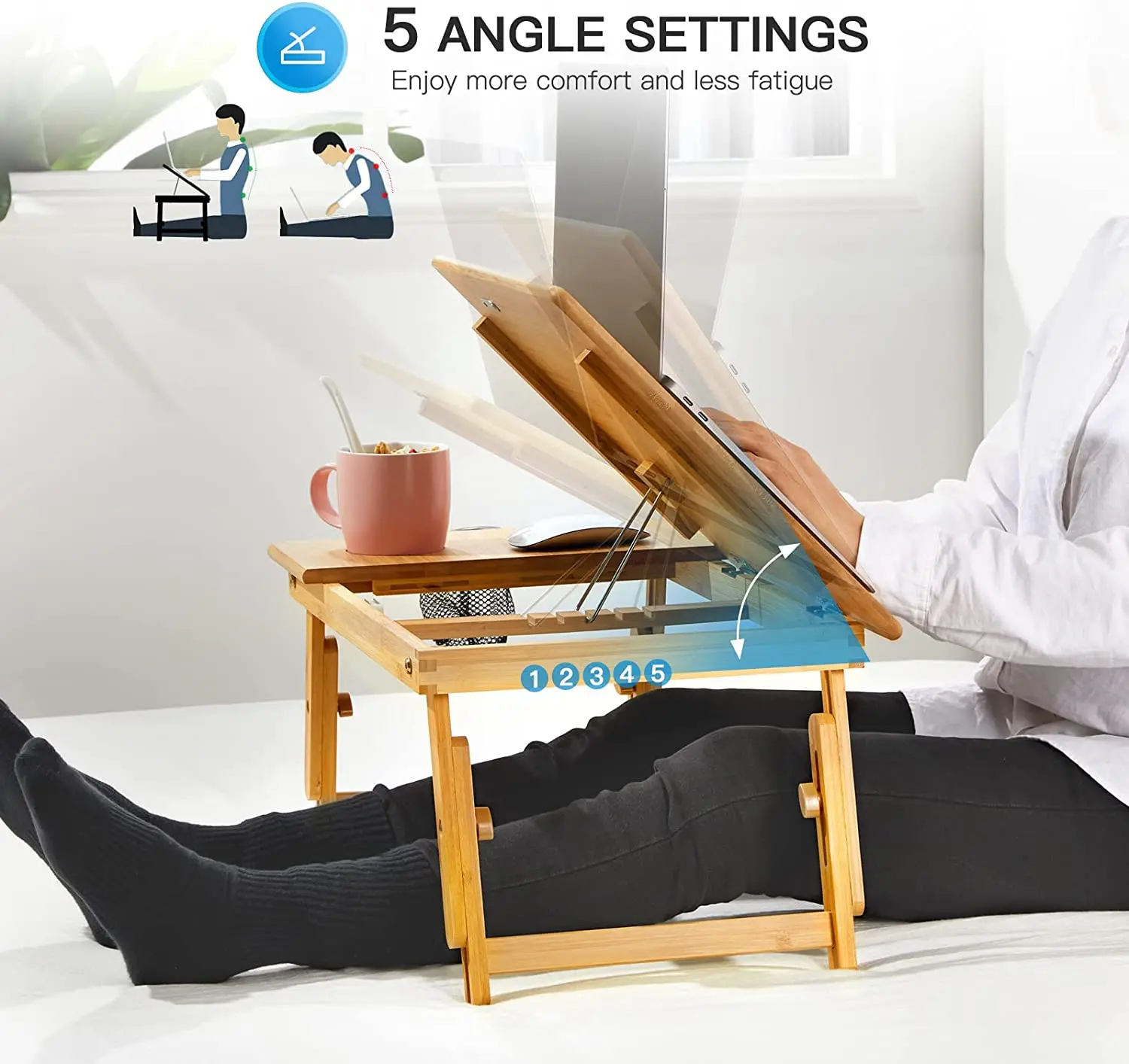 product breakfast table with 5 angles tilting top bamboo laptop desk foldable bed tray for home office-2