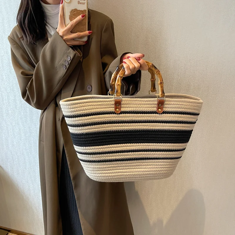 HUAYI  Cotton rope braided color customized Hand-woven bag with wooden handle