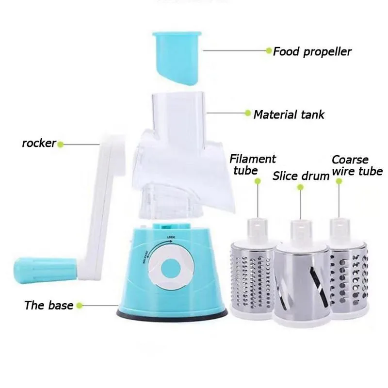 Multifunctional 3 in 1 Spiral Slicer Hand Manual Rotary Cheese Grater Food Slicer Veggie Dicer Vegetable Chopper Cutter