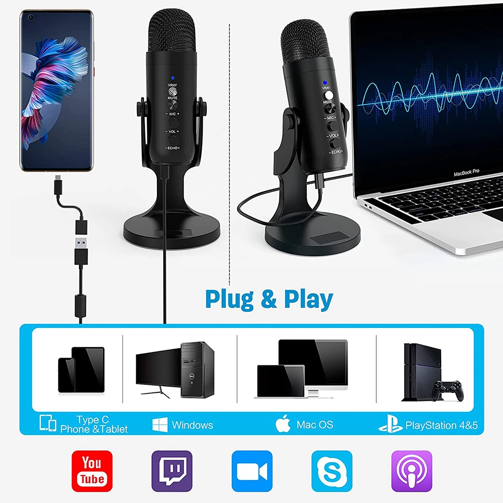 BMG-USB-K4 Webcast Live Youtube Condensador Microfone Áudio Estúdio Gravação Som