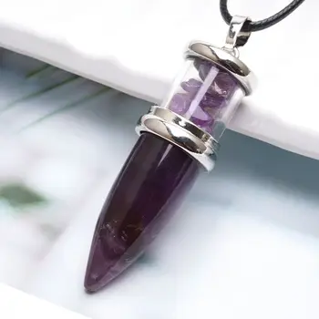 New Natural Stone Amethyst Crystal Pendant Bullet Black Leather Perfume Gem Premium Necklace