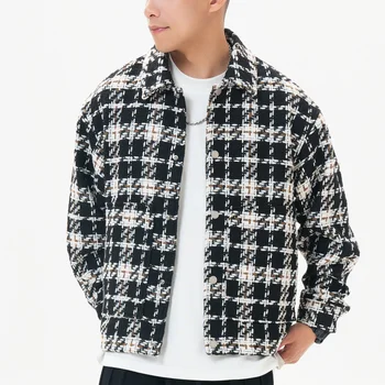 Plaid Turn-down Collar Color contrast coats men's outdoor coats for men Metal button winter coats for men fashion Woven fabric