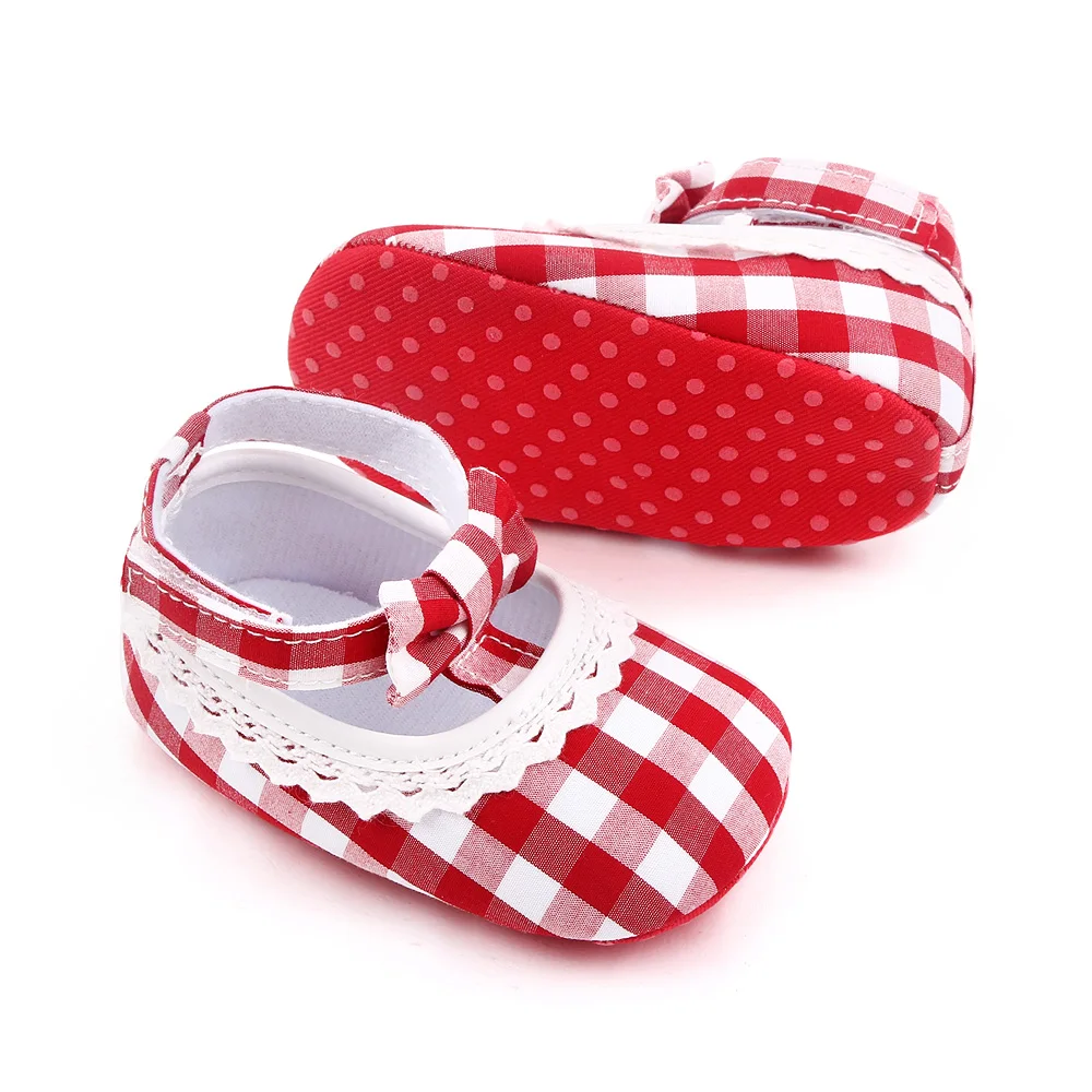 Color Matching Plaid Bow Wavy Lace Soft Soled Baby Girls Cute Princess Toddler Shoes manufacture