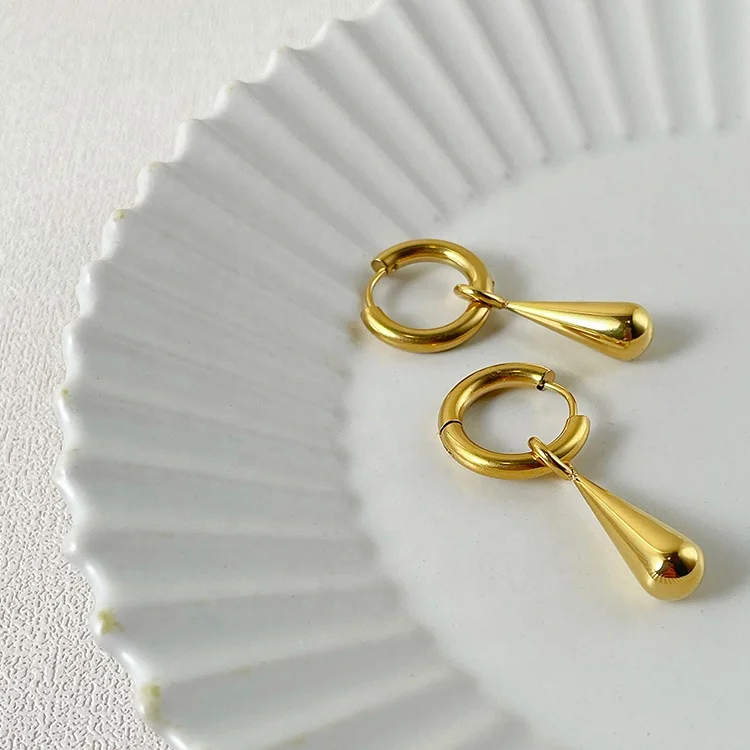 18K Gold Plated Stainless Steel Jewelry Round Buckle Water Drop Pendant Huggie Earring Accessories Hoop Earrings E211340