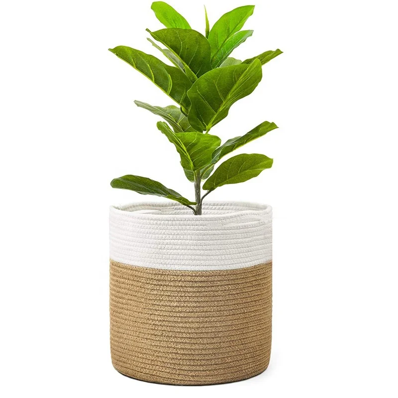 Wholesale Foldable large cotton rope plant basket with indoor woven storage organizer with handles home decor