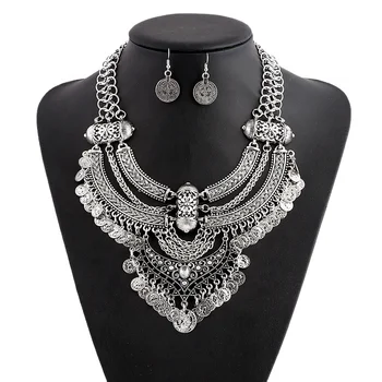 wholesale fashion perfect engrave heavy tassel thick chain necklace earring gold silver plated coin jewelry set