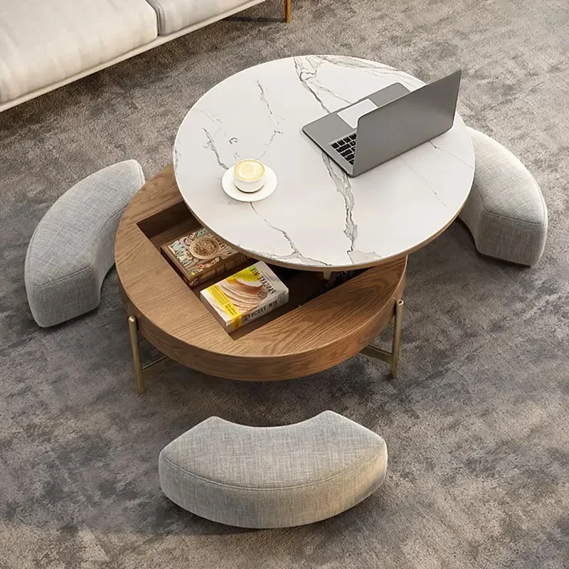 White and Walnut color modern round lifting coffee table set, practical and beautiful with storage space