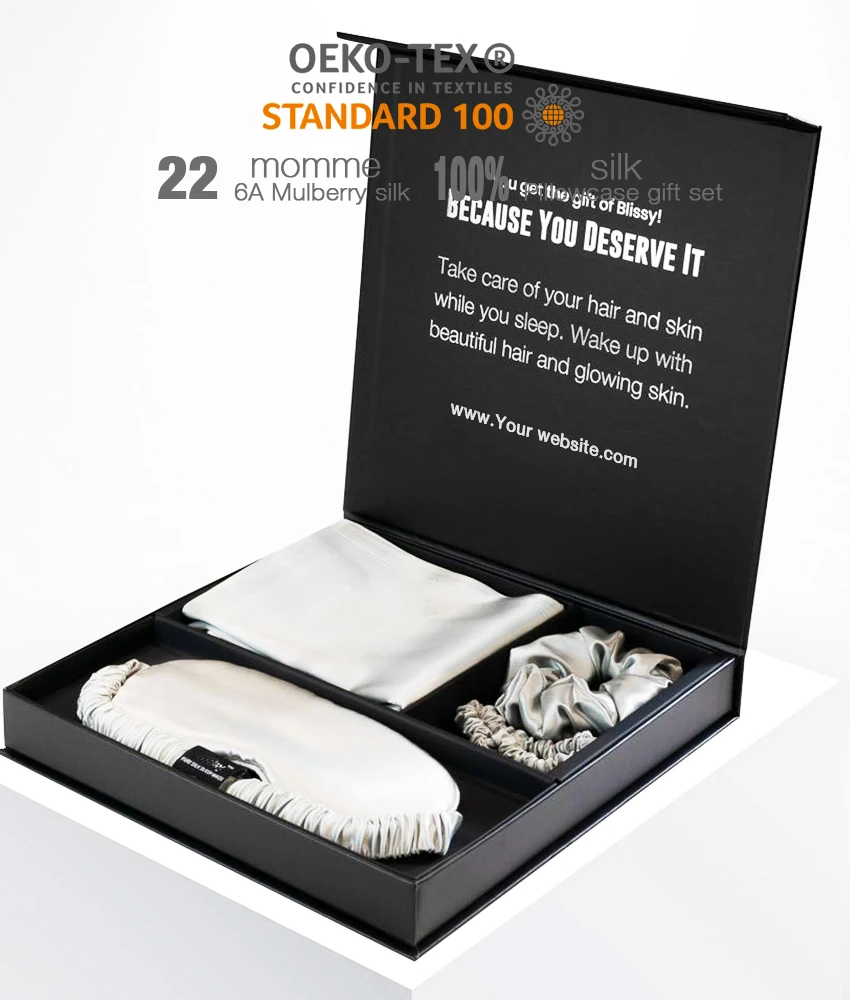 100% Mulberry Silk Eye Mask and Pillowcase Custom Logo Label Silk Scrunchies Wearable Packaging Gift Set