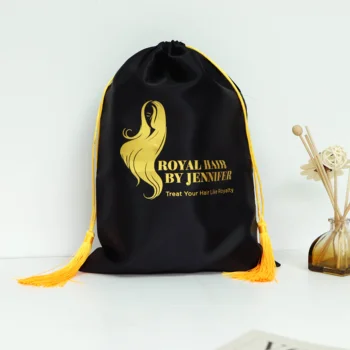 Black satin silk custom hair extension packaging dust bags luxury hair bundle bags drawstring satin wig bags with logo