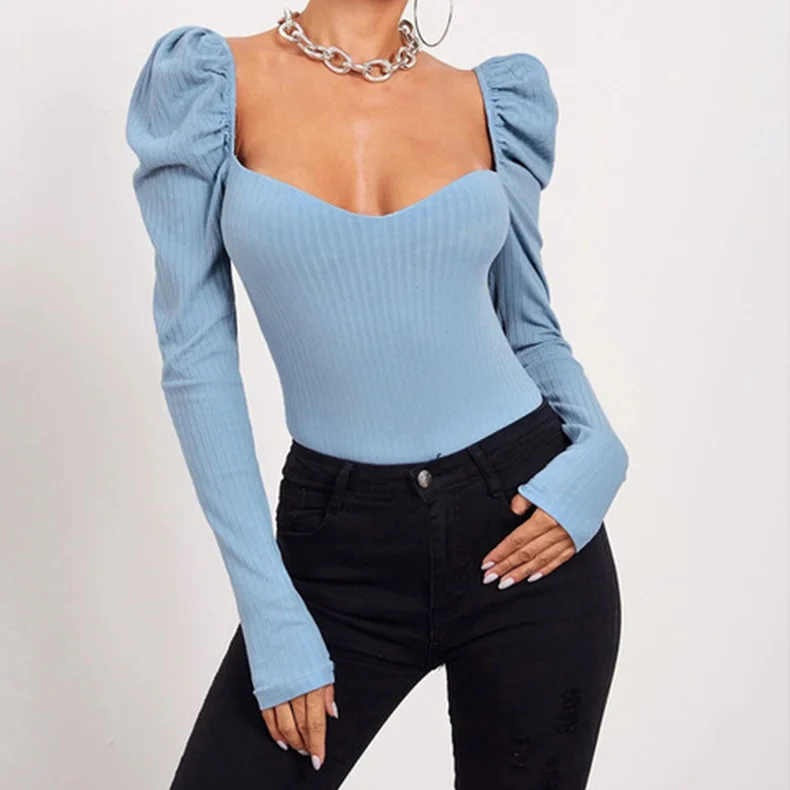 2021 New Fall Arrivals For Women Clothes Stylish Knitted Puff Sleeve Shirts Square Collar Tops Backless Rib Knit t Shirts
