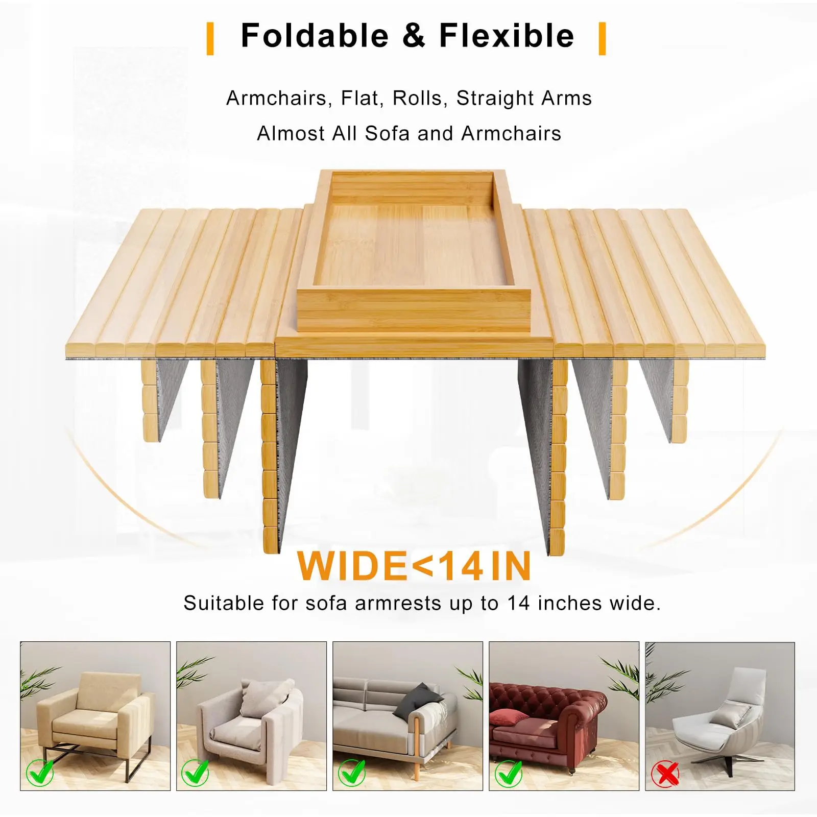 product 2 in 1 bamboo sofa armrest tray sliding detachable anti slip foldable frame beverage cup holder mobile tv remote storage tray-9