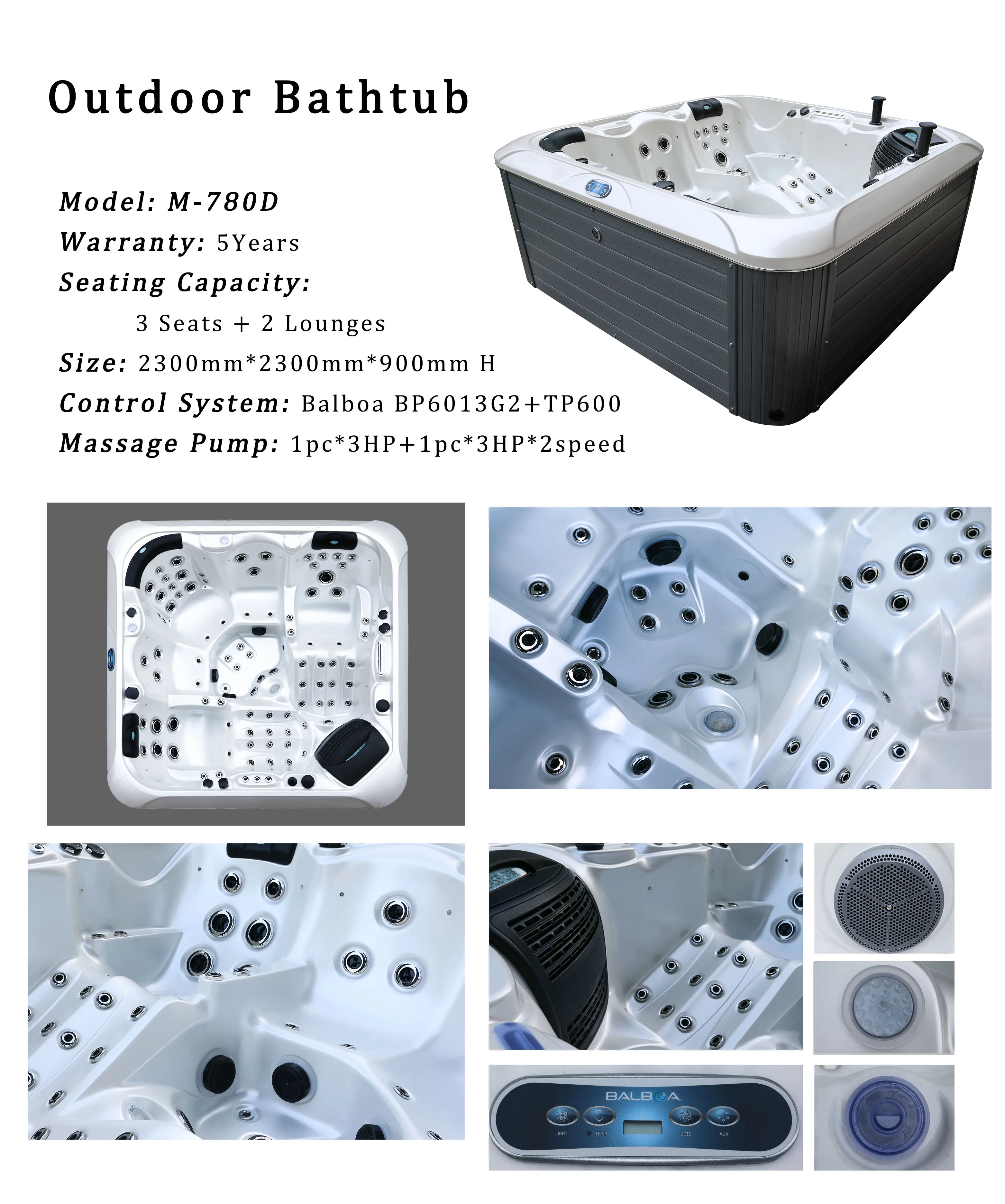 5 Person Capacity Hot Tub with 1273L Water Capacity and 2*3HP Massage Pump for Luxury Hydrotherapy