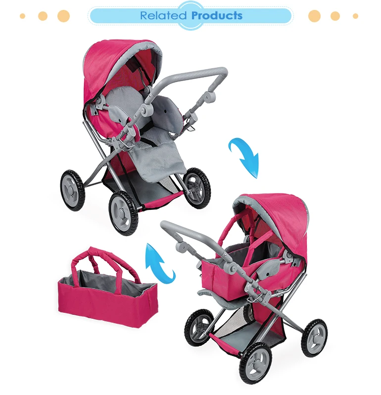 Fei Li  online hot selling Grey and Pink fabric 16mm doll pram luxury with  adjustable handle seat and shoulder bag doll buggy