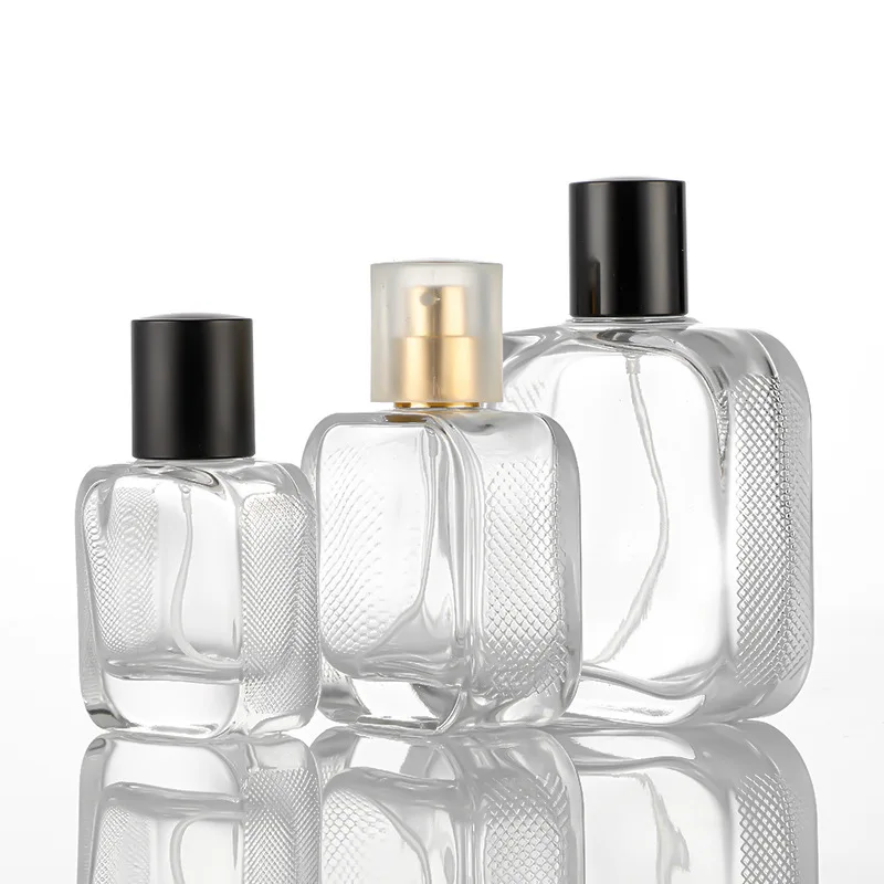 New Style Flat Square Transparent 100 Ml Glass Perfume Bottles Crimped Neck Spray Bottle With Cap