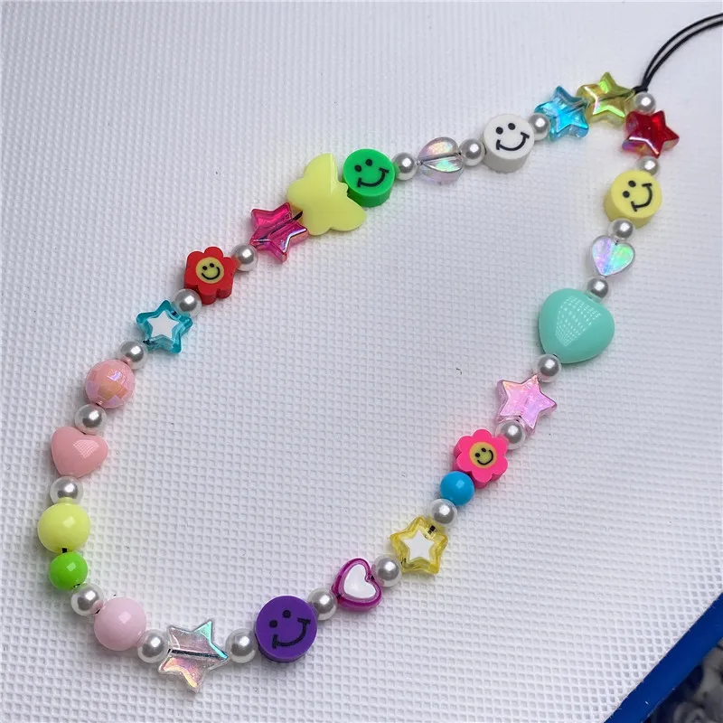 DIY 2021 Beaded Colorful Clay Polymer Freshwater Pearl Beads Cell Mobile Phone Charm Straps Chains
