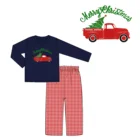 Red Boy Kids Sets 2020 Newest Christmas Truck Applique Red Seersucker Pant Boy Christmas Outfit Kids Clothing Set